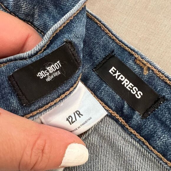 Express Blue Whiskered High Waisted 90's Bootcut Cotton Blended Jeans Size 12 - Picture 9 of 11